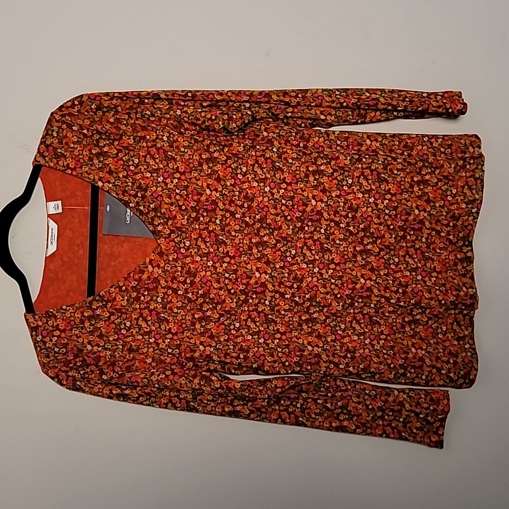New Y2K Liz Claiborne Orange Floral Nylon V-neck Long Sleeve top Sz XL Bloomcore
